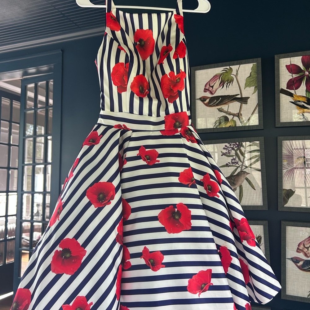 Striped Dress with Red Floral Print